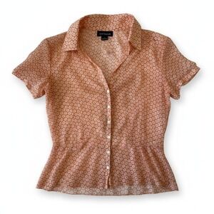 Ann Taylor 100% Silk Peach Sheer Floral Peplum Button Up Blouse Size 0